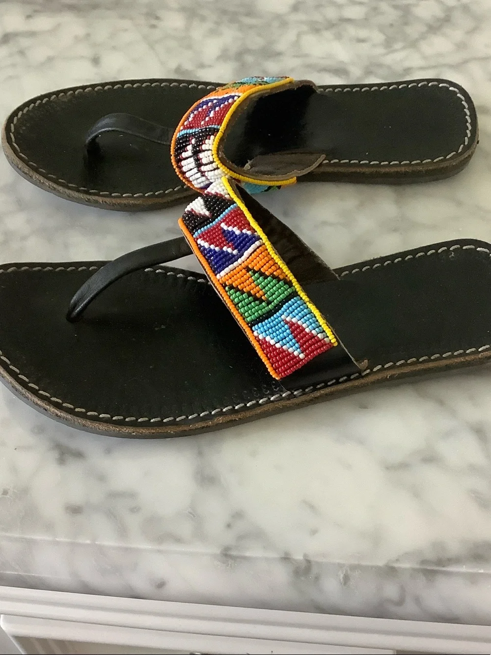Beaded Black Leather Thong Sandals - Multicolor Beadwork sz 39